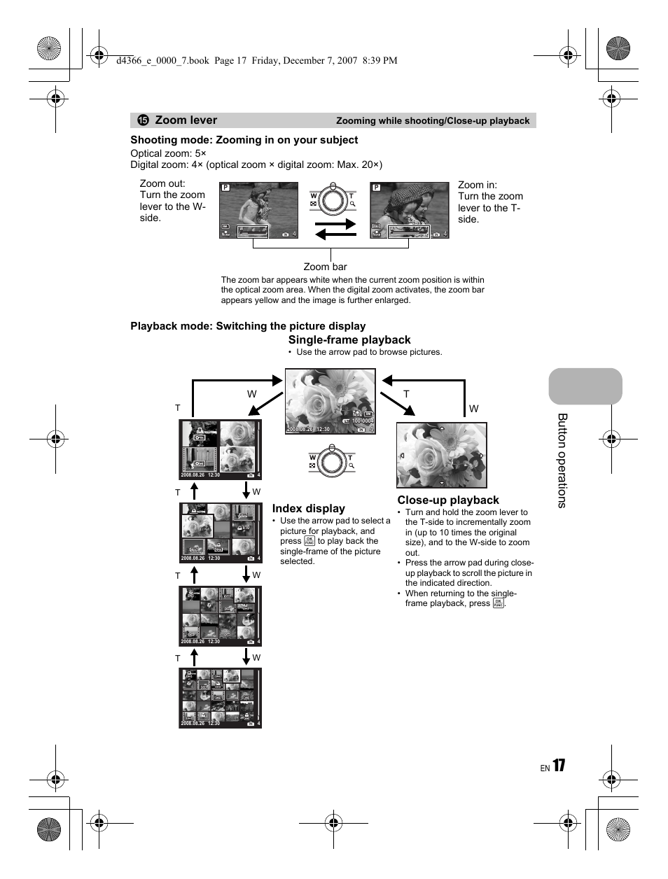 Button operations, Zoom lever, Close-up playback | Index display, Single-frame playback, Shooting mode: zooming in on your subject, Playback mode: switching the picture display, Zoom bar, Wt w, Zooming while shooting/close-up playback | Olympus FE-330 User Manual | Page 17 / 68