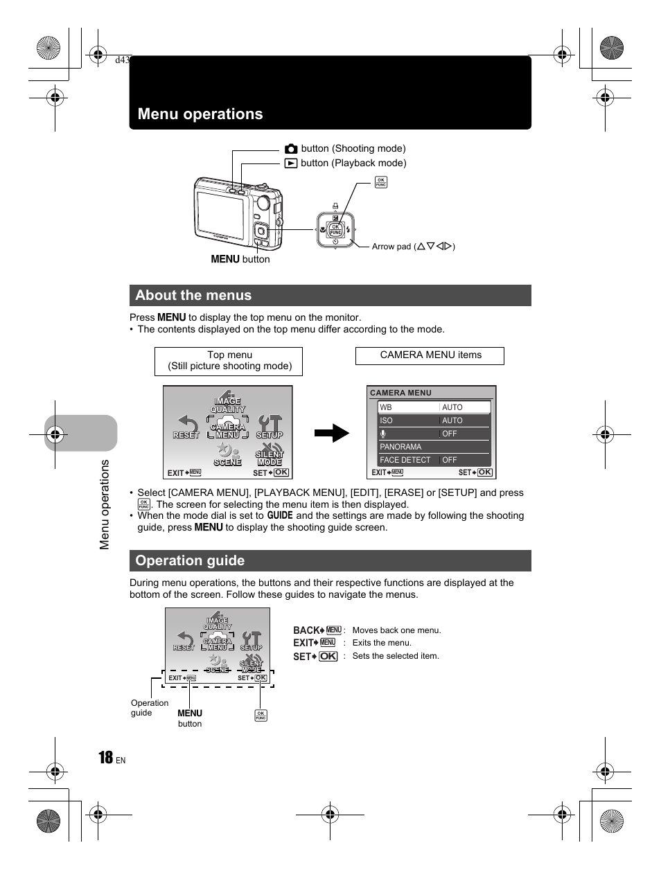 About the menus operation guide, Menu operations | Olympus FE-330 User Manual | Page 18 / 68