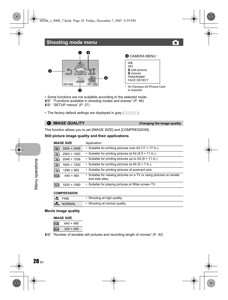 Shooting mode menu k, Menu operations, Image quality | Olympus FE-330 User Manual | Page 20 / 68