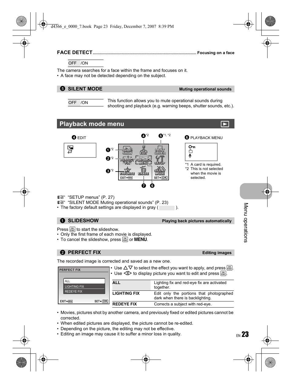 Playback mode menu q, Menu operations, Face detect | Silent mode, Slideshow, Perfect fix | Olympus FE-330 User Manual | Page 23 / 68