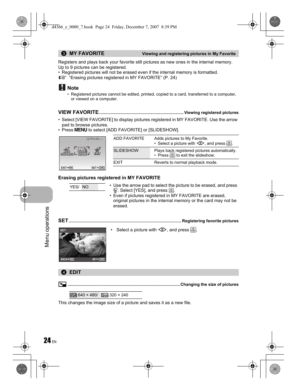 Menu operations, My favorite, View favorite | Edit q | Olympus FE-330 User Manual | Page 24 / 68