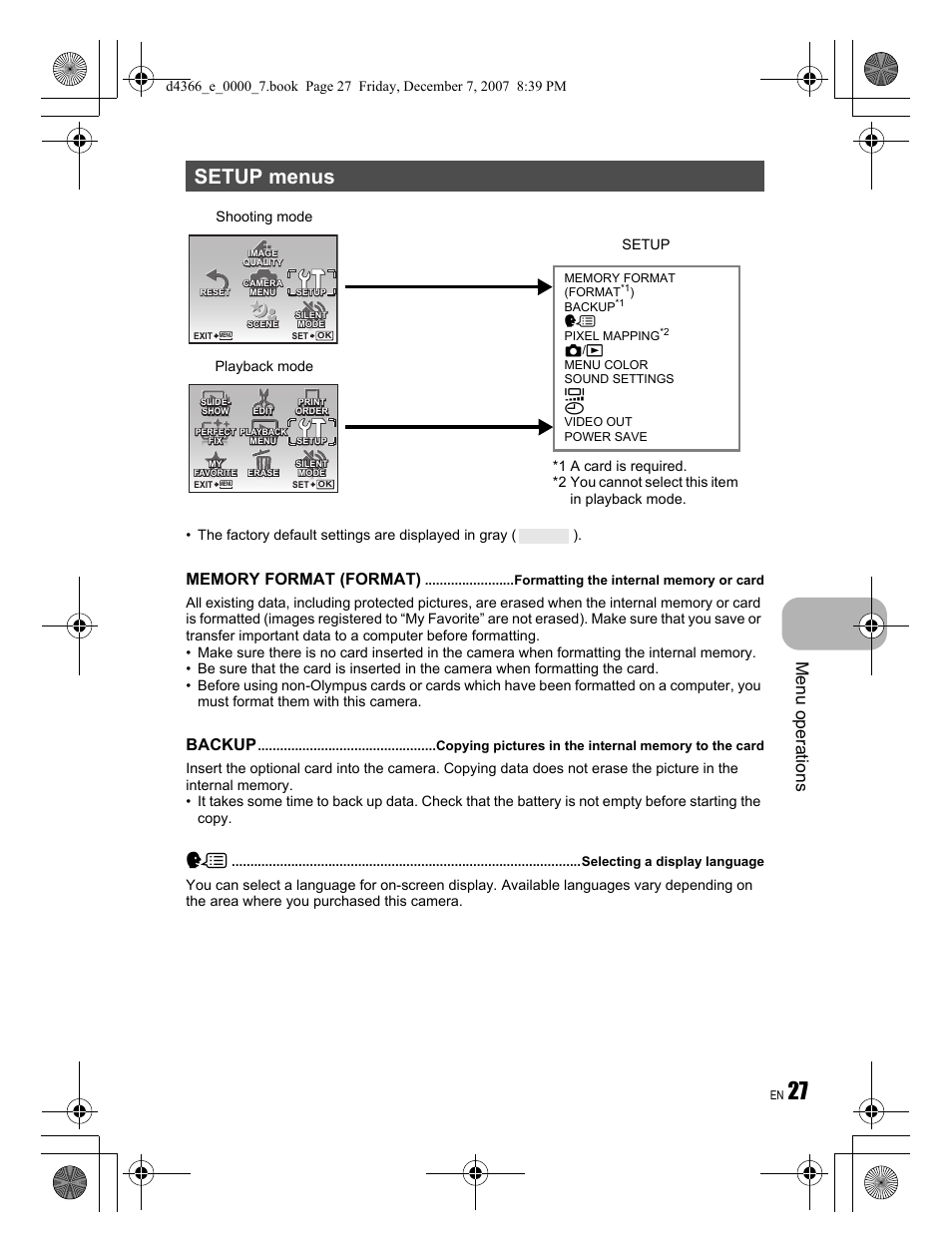 Setup menus, Menu operations, Backup | Playback mode shooting mode | Olympus FE-330 User Manual | Page 27 / 68