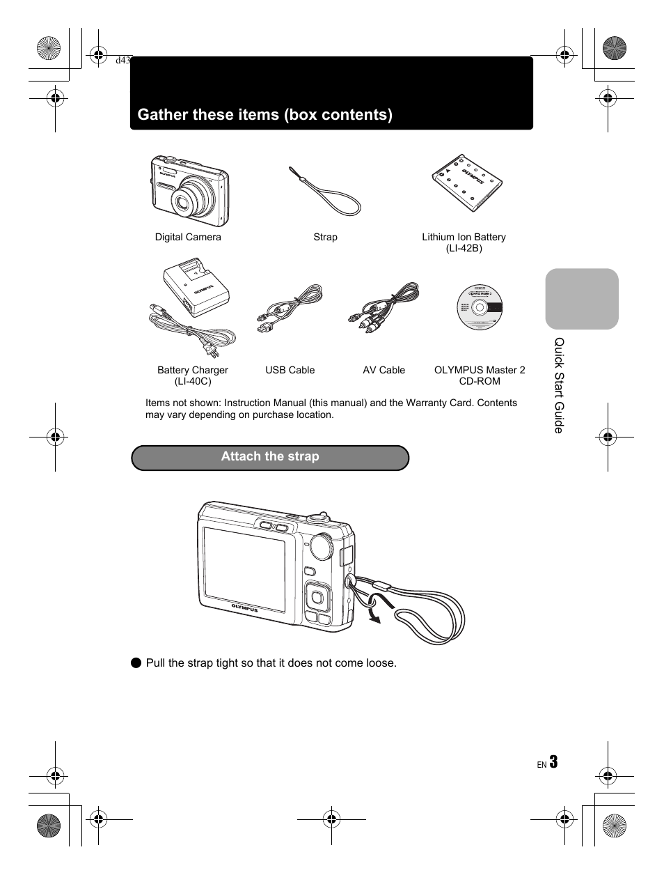 3gather these items (box contents) | Olympus FE-330 User Manual | Page 3 / 68