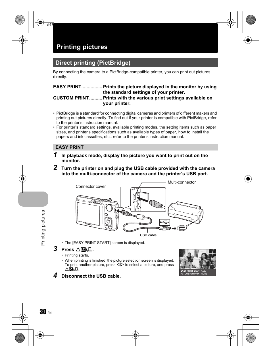 Printing pictures, Direct printing (pictbridge) | Olympus FE-330 User Manual | Page 30 / 68