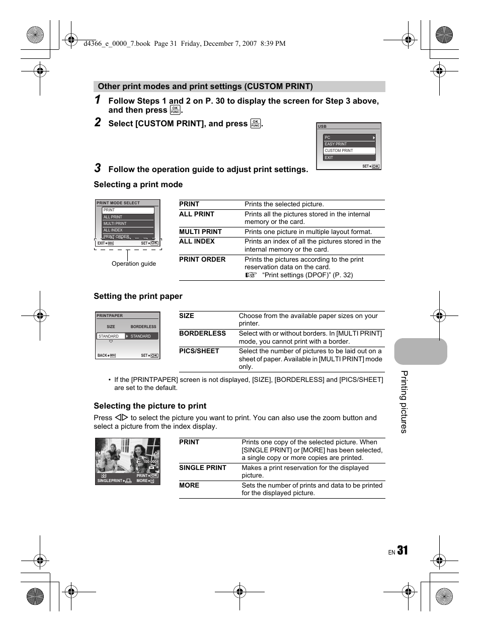Pri n ting pictures, Select [custom print], and press | Olympus FE-330 User Manual | Page 31 / 68