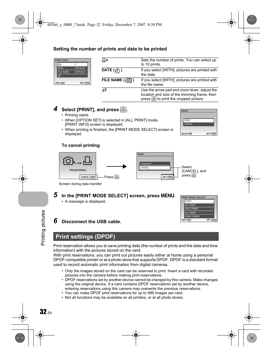 Print settings (dpof), Printing pictures, Select [print], and press | Disconnect the usb cable | Olympus FE-330 User Manual | Page 32 / 68