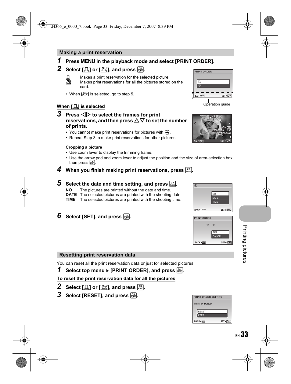 Pri n ting pictures, Select [ < ] or [ u ], and press, When you finish making print reservations, press | Select the date and time setting, and press, Select [set], and press, Select top menu [print order], and press | Olympus FE-330 User Manual | Page 33 / 68