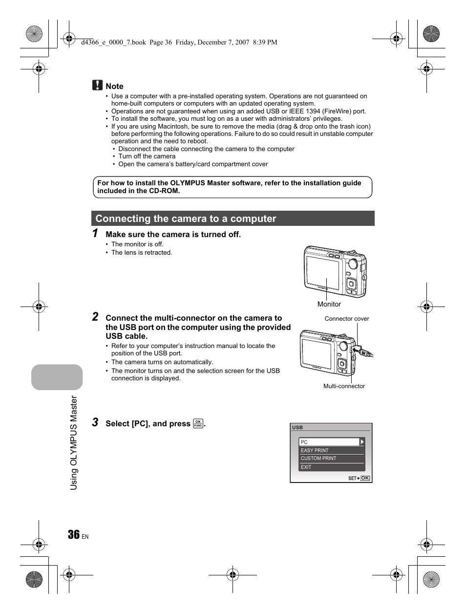 Connecting the camera to a computer | Olympus FE-330 User Manual | Page 36 / 68