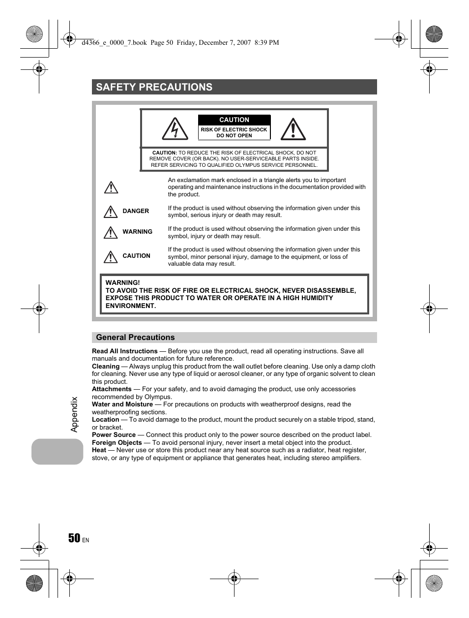 Safety precautions, Appendix | Olympus FE-330 User Manual | Page 50 / 68