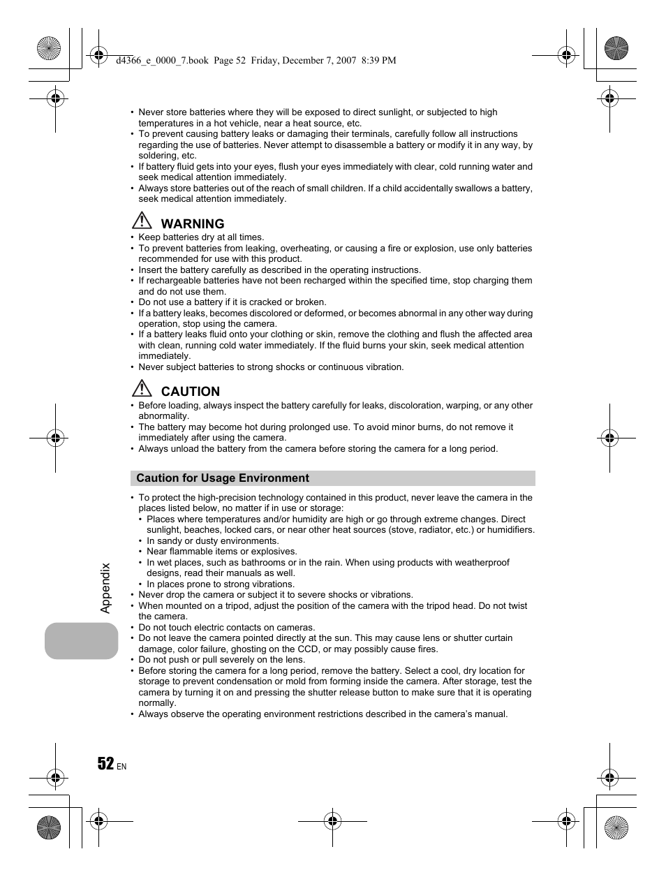 Warning, Caution | Olympus FE-330 User Manual | Page 52 / 68