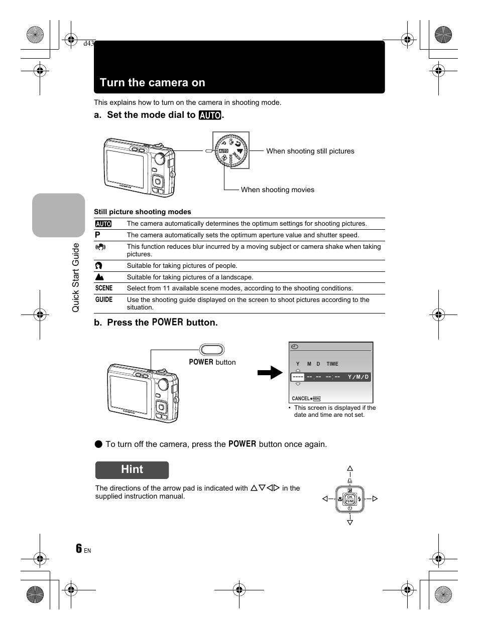 Turn the camera on, Hint, A. set the mode dial to h | B. press the o button, Quick start guide | Olympus FE-330 User Manual | Page 6 / 68