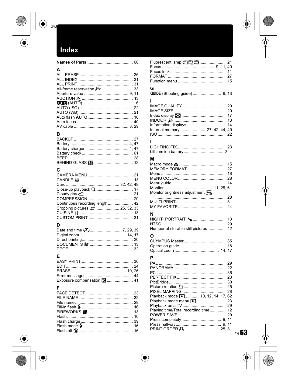 63 index | Olympus FE-330 User Manual | Page 63 / 68