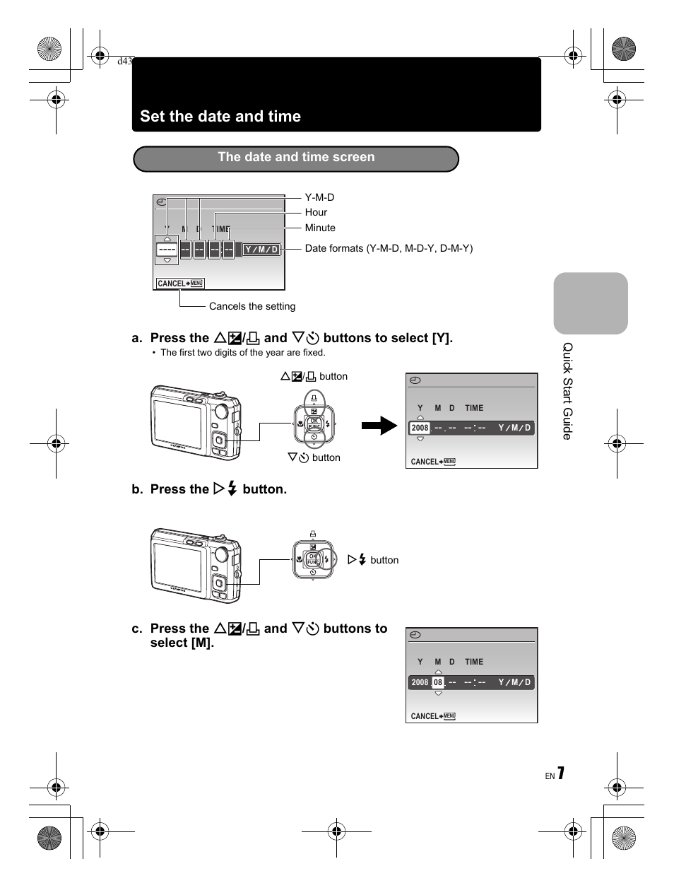 7set the date and time, A. press the of / < and ny buttons to select [y, Quick start guide | Olympus FE-330 User Manual | Page 7 / 68