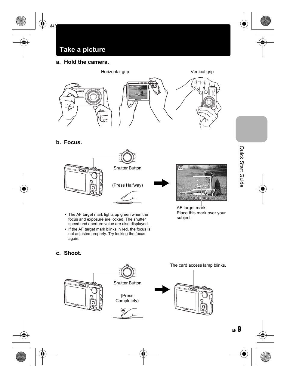 9take a picture, A. hold the camera. c. shoot, B. focus | Quick start guide | Olympus FE-330 User Manual | Page 9 / 68