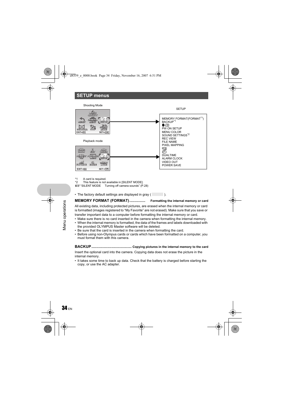 Setup menus, Menu op erati ons, Backup | Olympus STYLUS 840 User Manual | Page 34 / 84