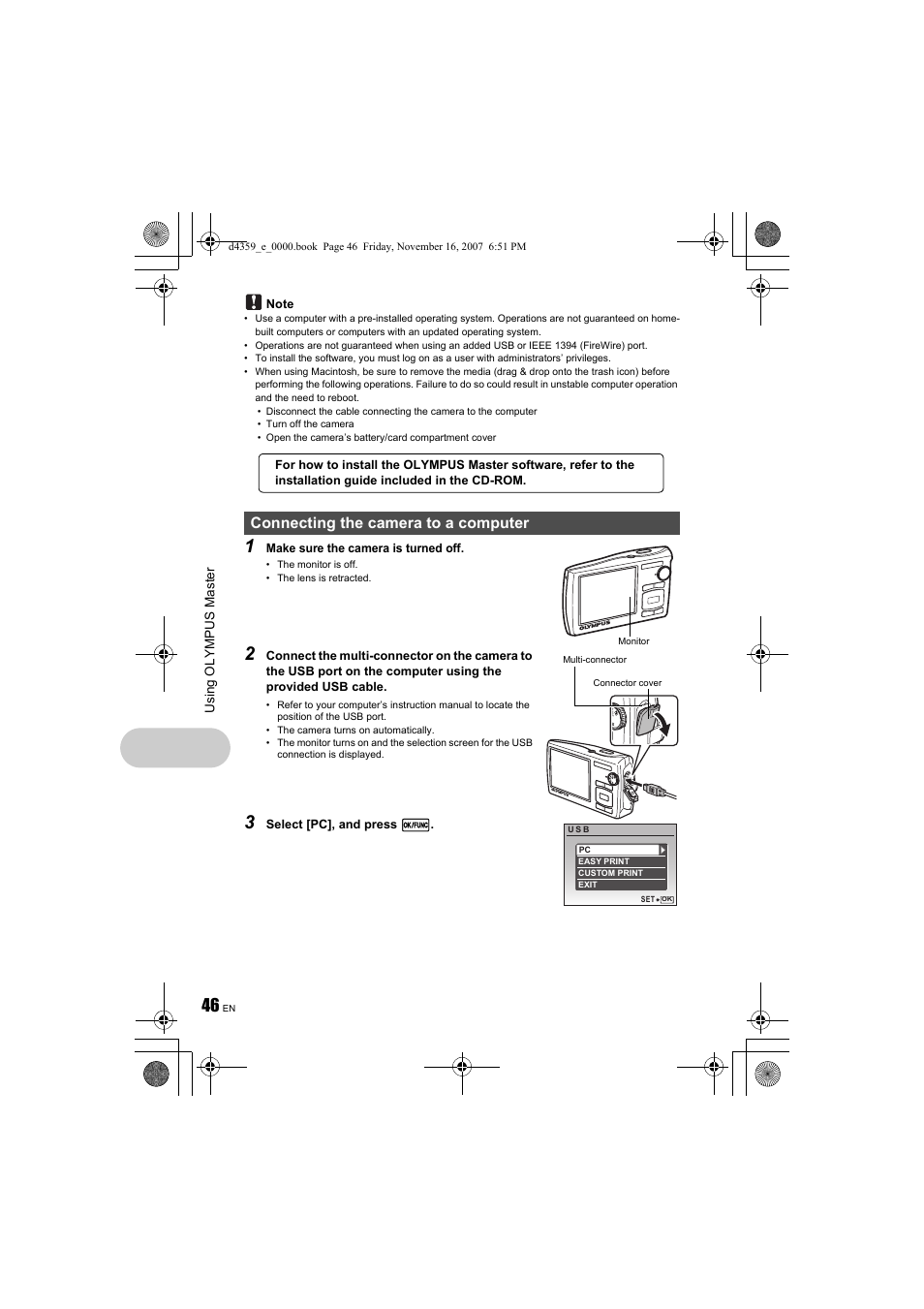 Connecting the camera to a computer | Olympus STYLUS 840 User Manual | Page 46 / 84