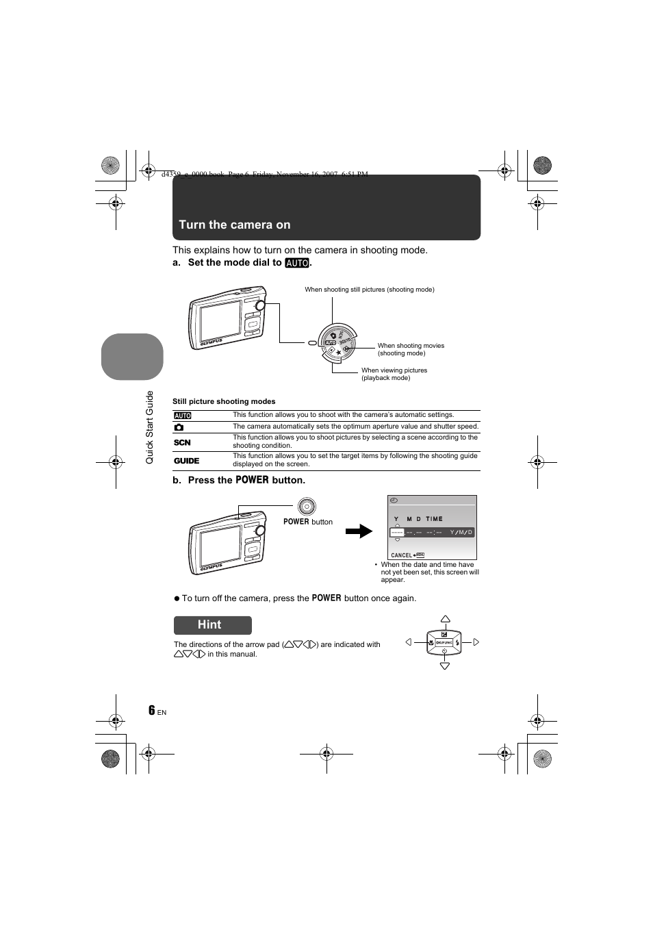 Turn the camera on, Hint | Olympus STYLUS 840 User Manual | Page 6 / 84