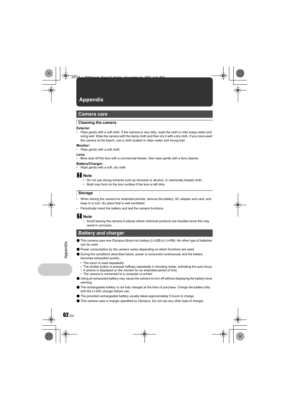 Appendix, P.62, Camera care | Battery and charger | Olympus STYLUS 840 User Manual | Page 62 / 84