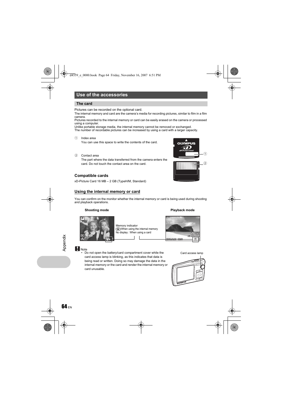 G“using the internal memory or card” (p.64), The card” (p.64), Use of the accessories | Appen dix, Compatible cards | Olympus STYLUS 840 User Manual | Page 64 / 84