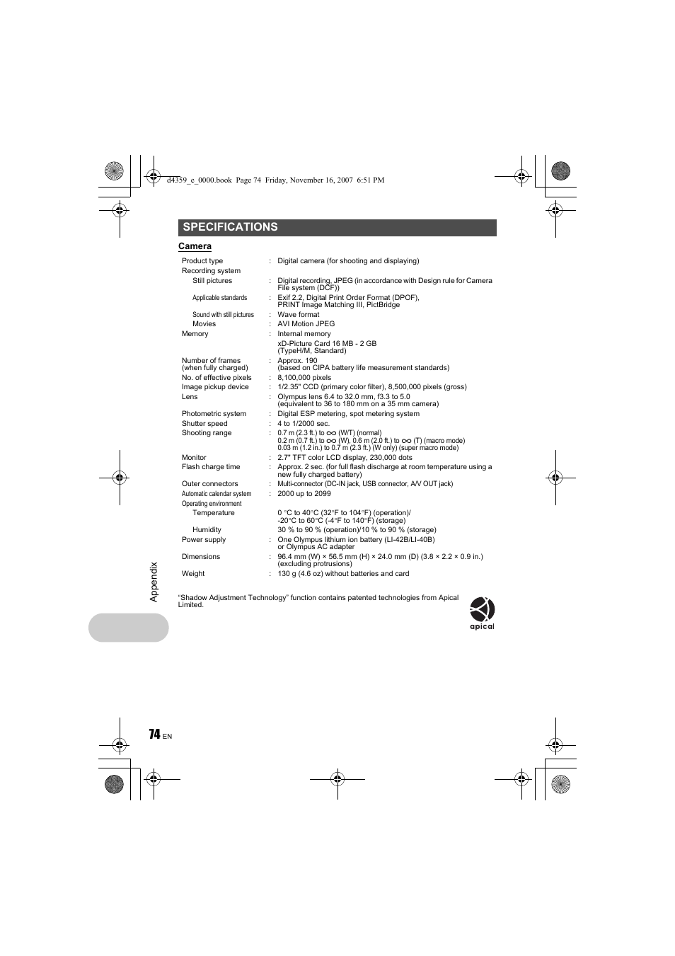 Specifications | Olympus STYLUS 840 User Manual | Page 74 / 84