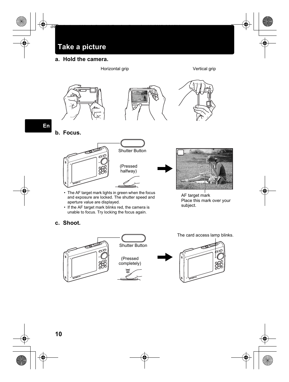 Take a picture, A. hold the camera. c. shoot, B. focus | Olympus Stylus 1030 SW User Manual | Page 10 / 148