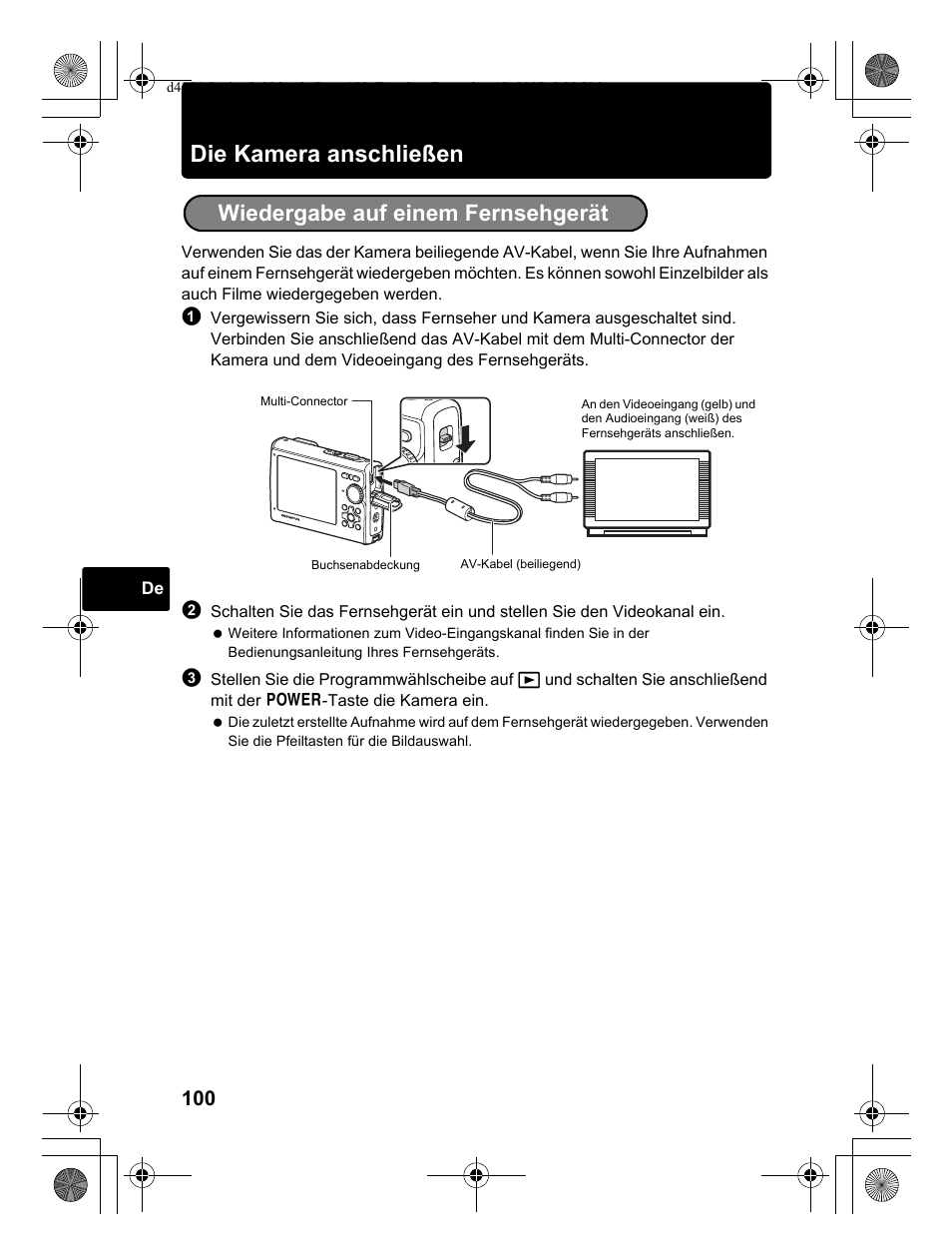 Die kamera anschließen, Wiedergabe auf einem fernsehgerät | Olympus Stylus 1030 SW User Manual | Page 100 / 148