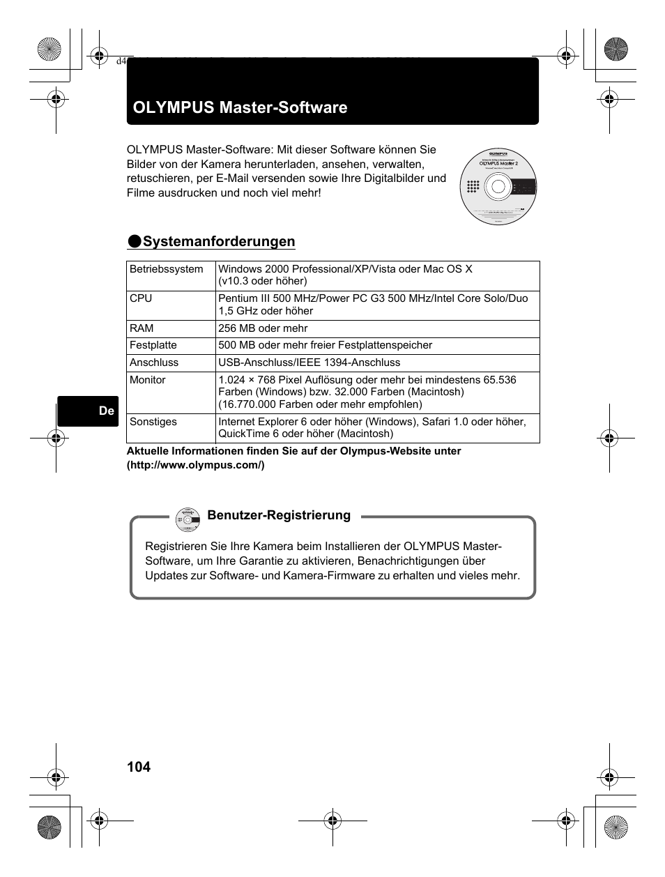 Olympus master-software, Systemanforderungen | Olympus Stylus 1030 SW User Manual | Page 104 / 148