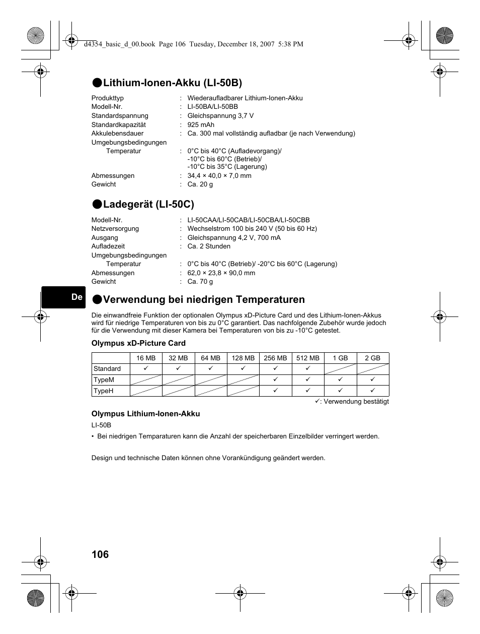 Verwendung bei niedrigen temperaturen, Lithium-ionen-akku (li-50b), Ladegerät (li-50c) | Olympus Stylus 1030 SW User Manual | Page 106 / 148