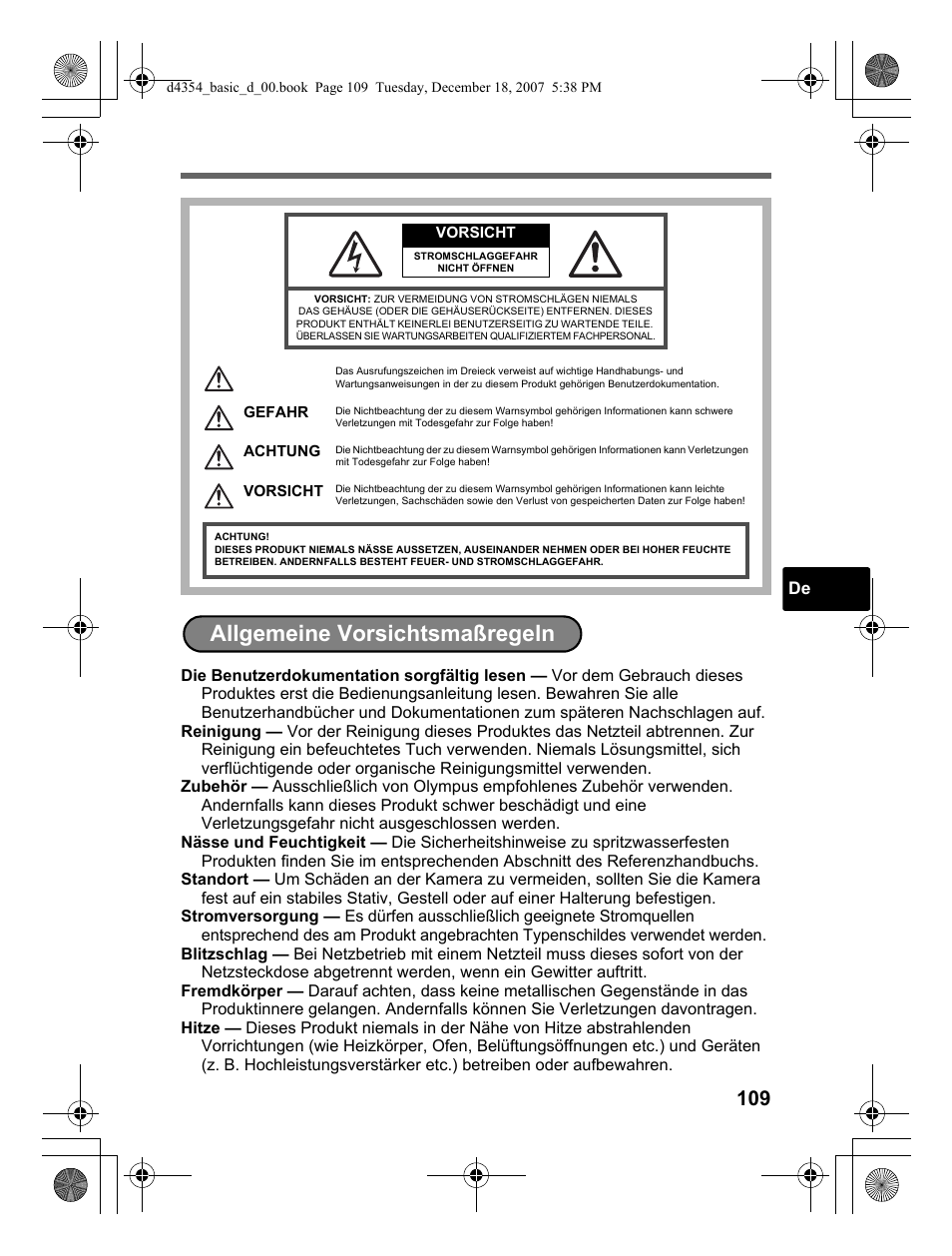 Allgemeine vorsichtsmaßregeln | Olympus Stylus 1030 SW User Manual | Page 109 / 148