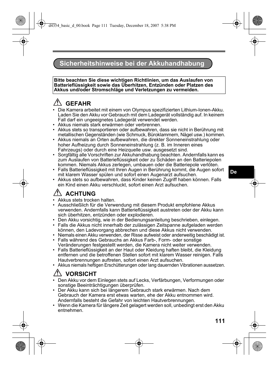 Sicherheitshinweise bei der akkuhandhabung, Gefahr, Achtung | Vorsicht | Olympus Stylus 1030 SW User Manual | Page 111 / 148
