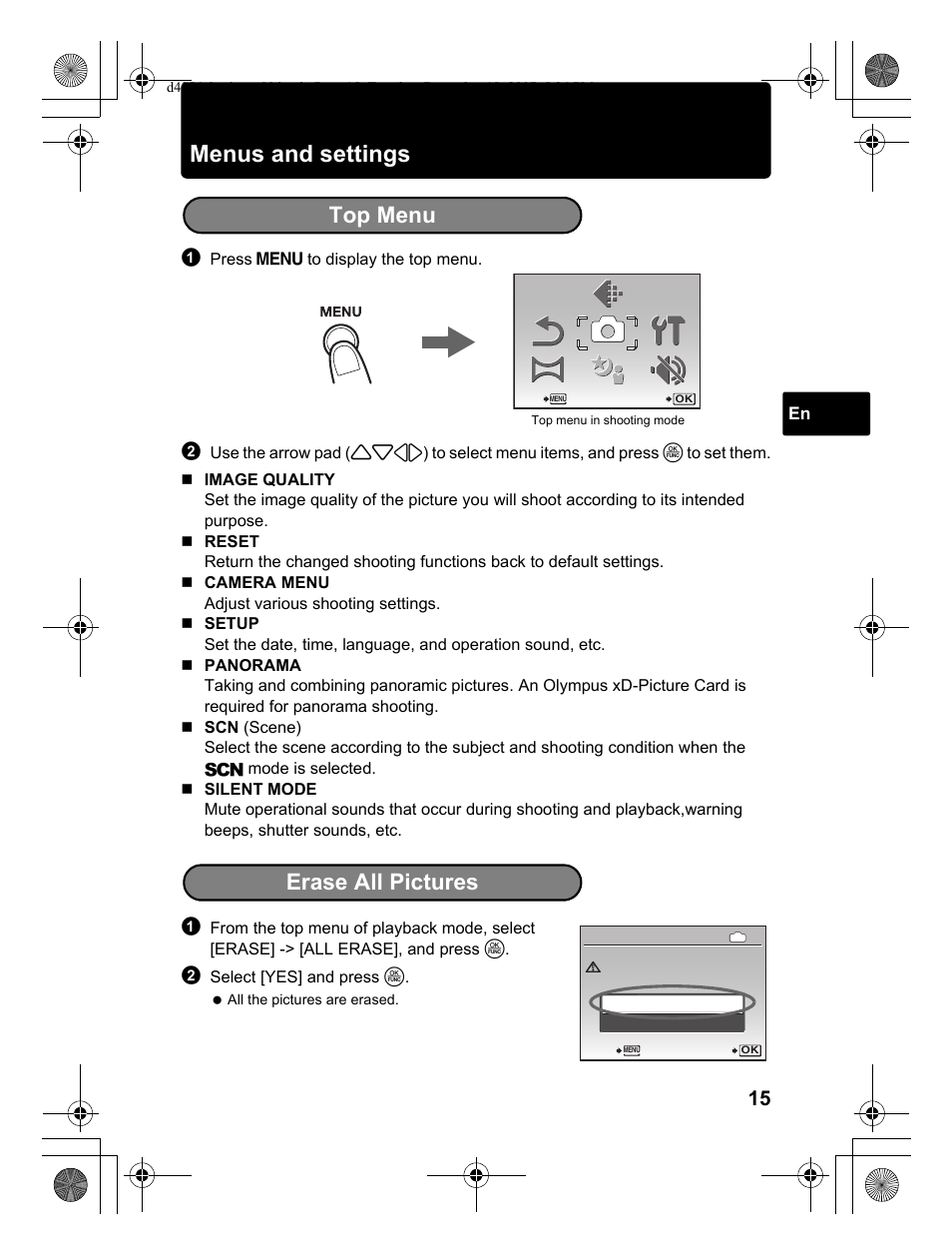 Menus and settings, Top menu, Erase all pictures | Olympus Stylus 1030 SW User Manual | Page 15 / 148