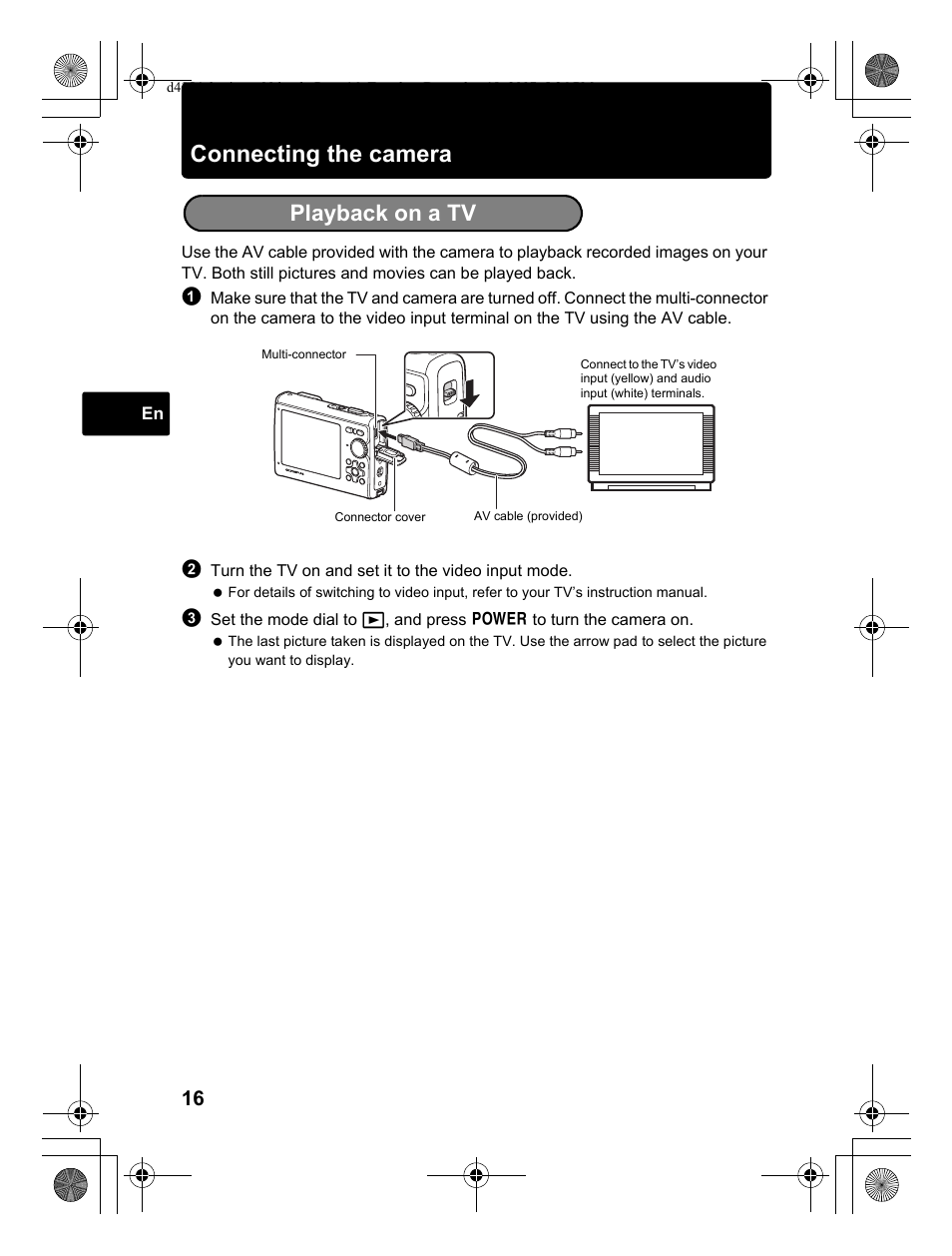 Connecting the camera, Playback on a tv | Olympus Stylus 1030 SW User Manual | Page 16 / 148