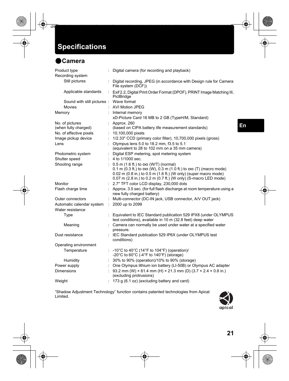 Specifications, Camera | Olympus Stylus 1030 SW User Manual | Page 21 / 148