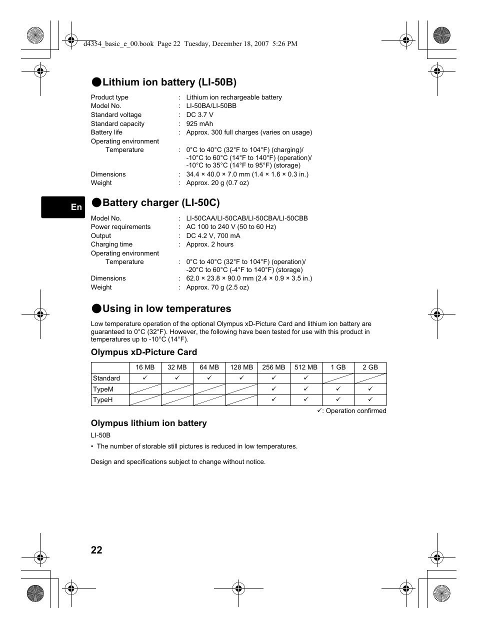 Using in low temperatures, Lithium ion battery (li-50b), Battery charger (li-50c) | Olympus Stylus 1030 SW User Manual | Page 22 / 148