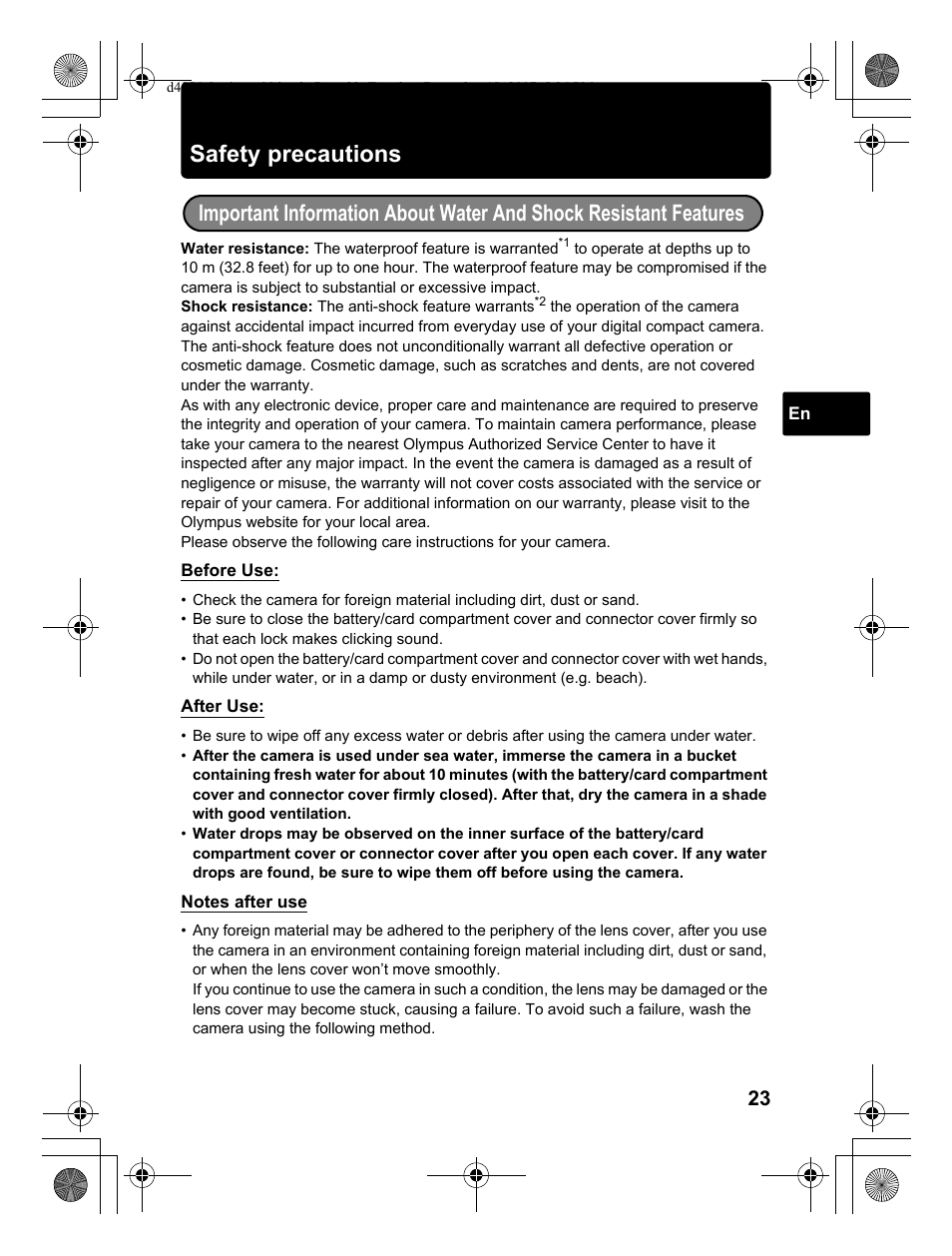 Safety precautions | Olympus Stylus 1030 SW User Manual | Page 23 / 148