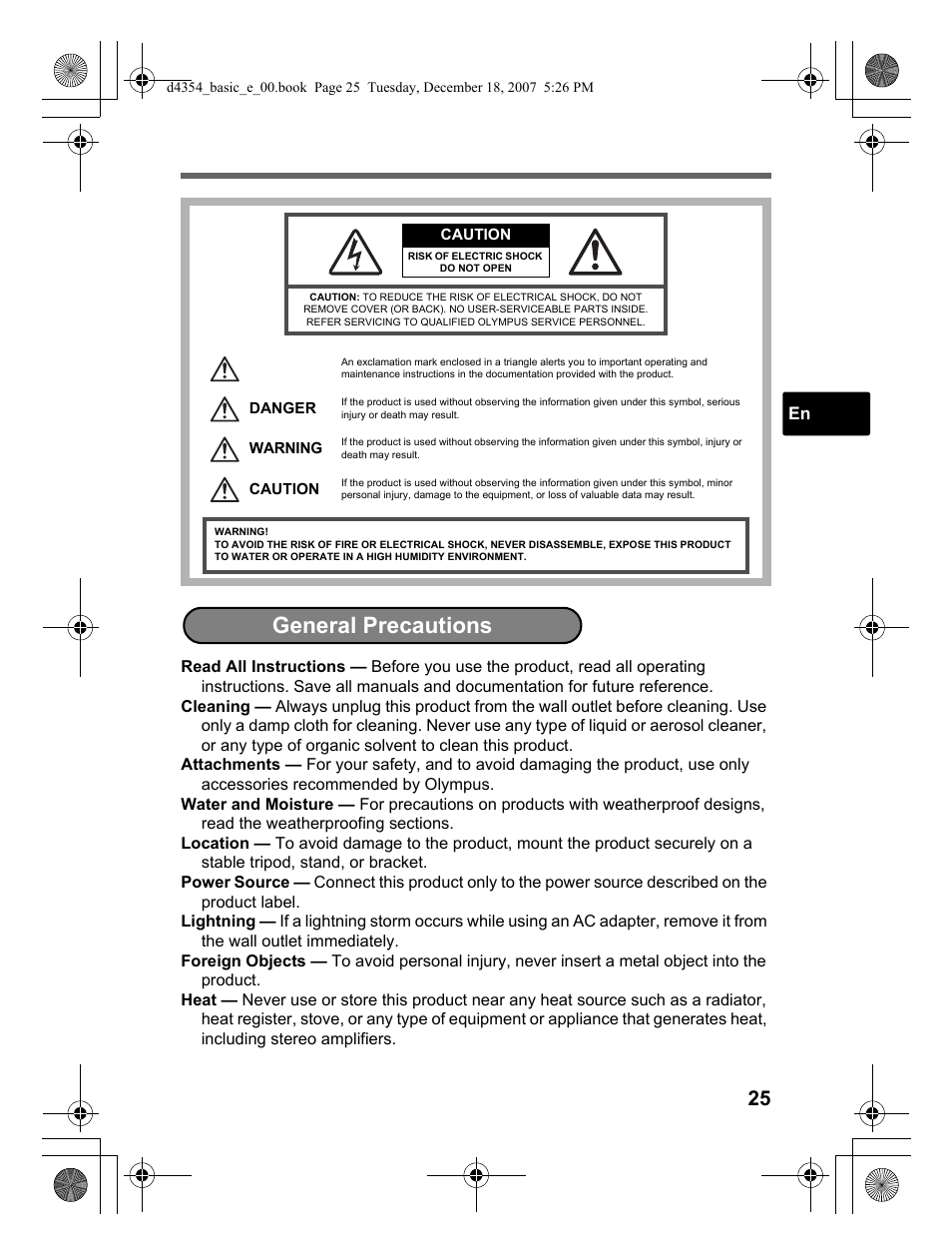 General precautions | Olympus Stylus 1030 SW User Manual | Page 25 / 148