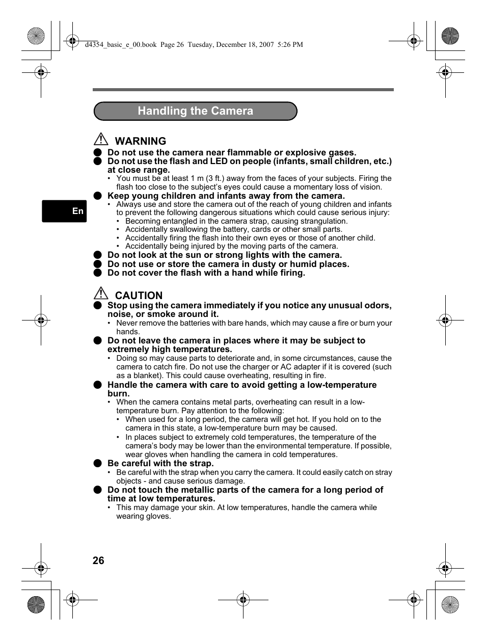 Handling the camera, Warning, Caution | Olympus Stylus 1030 SW User Manual | Page 26 / 148