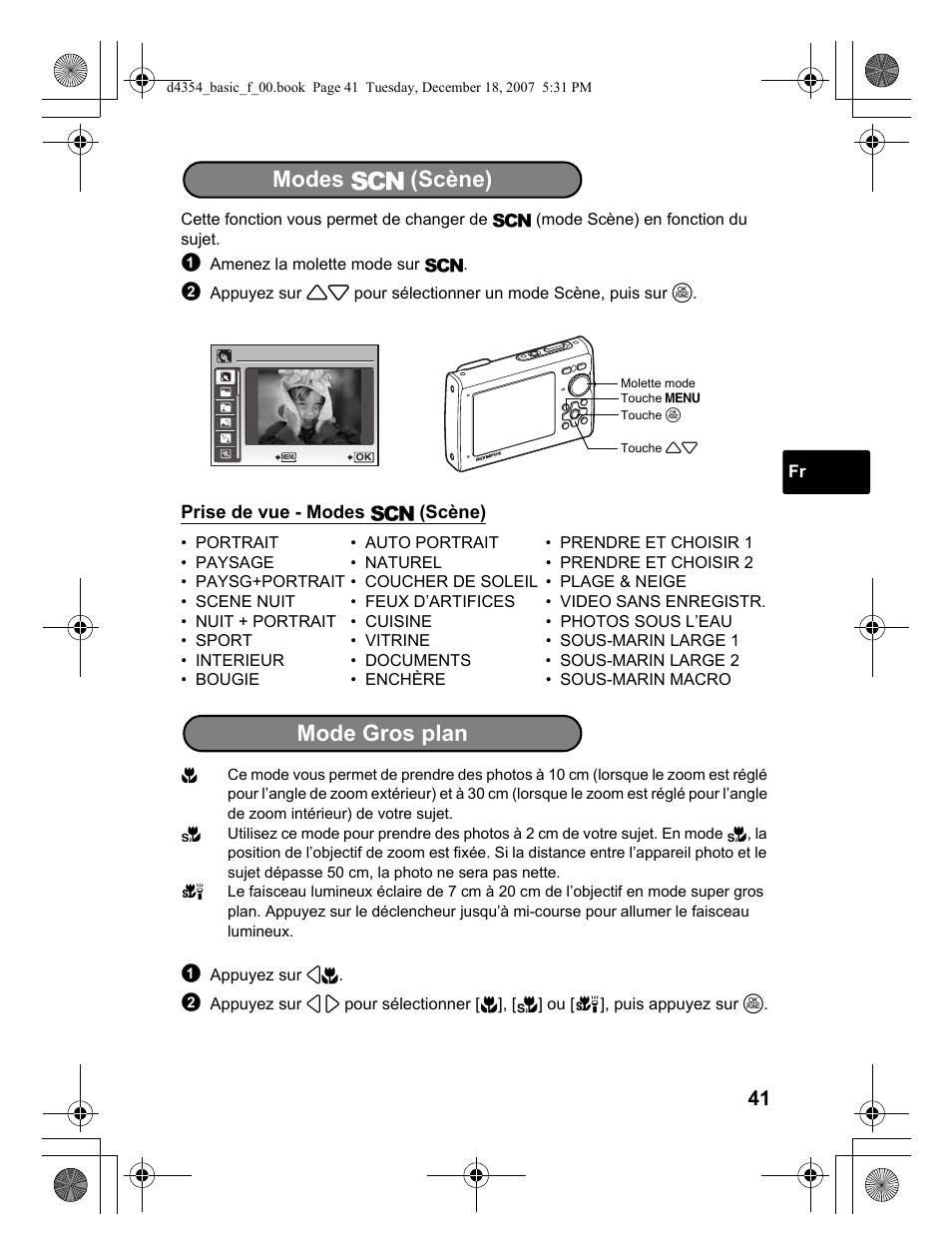 Modes s (scène), Mode gros plan | Olympus Stylus 1030 SW User Manual | Page 41 / 148