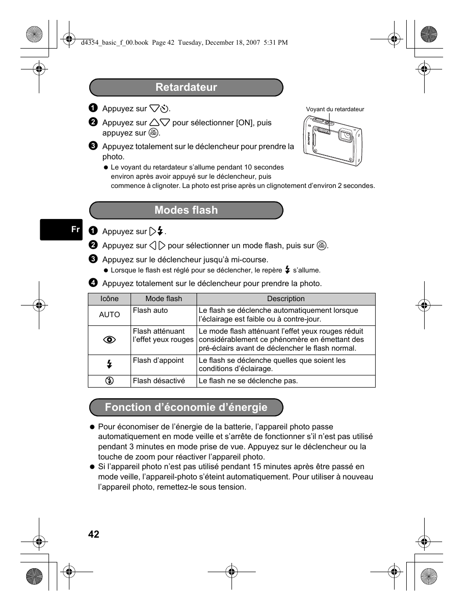 Retardateur, Modes flash fonction d’économie d’énergie | Olympus Stylus 1030 SW User Manual | Page 42 / 148