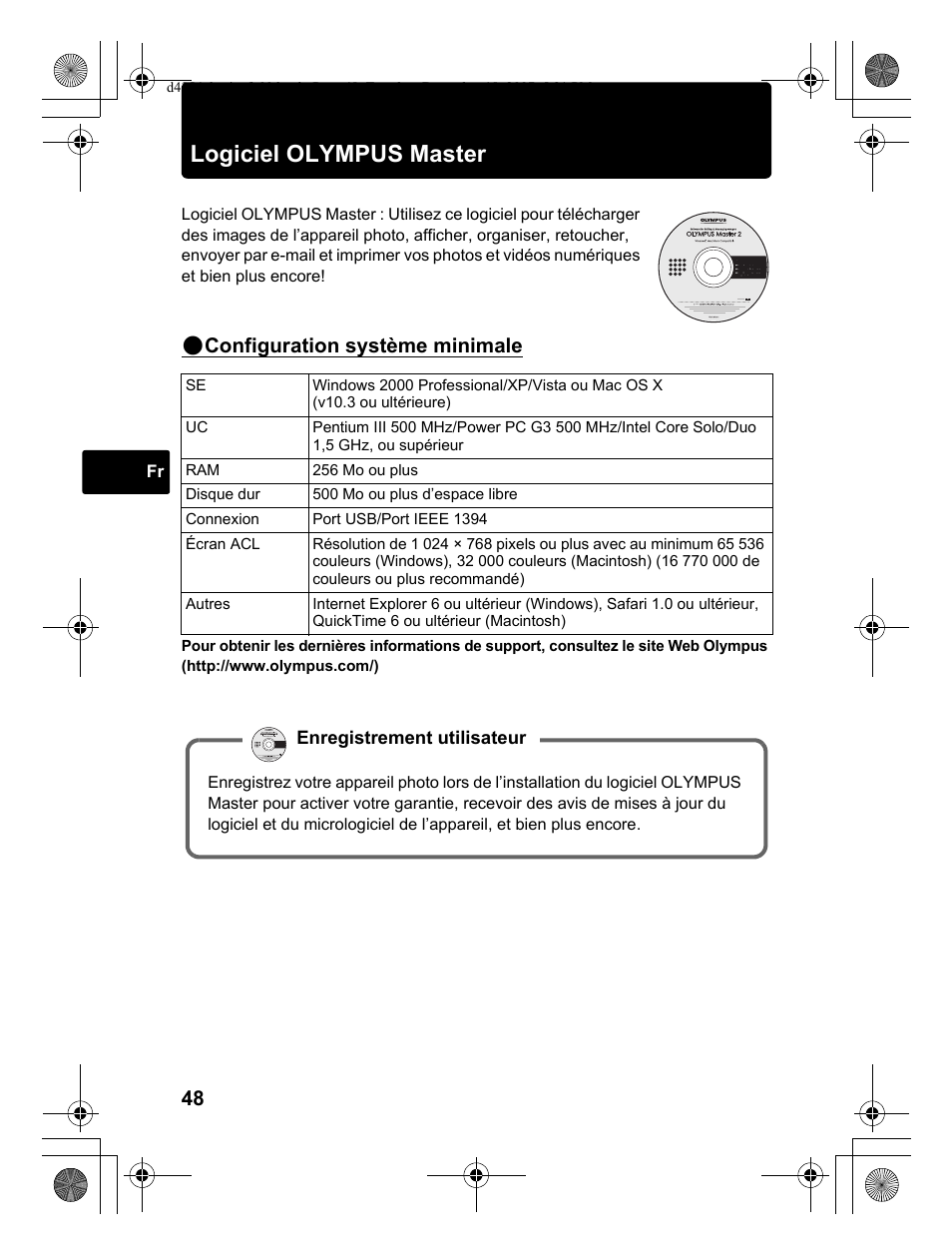 Logiciel olympus master, Configuration système minimale | Olympus Stylus 1030 SW User Manual | Page 48 / 148