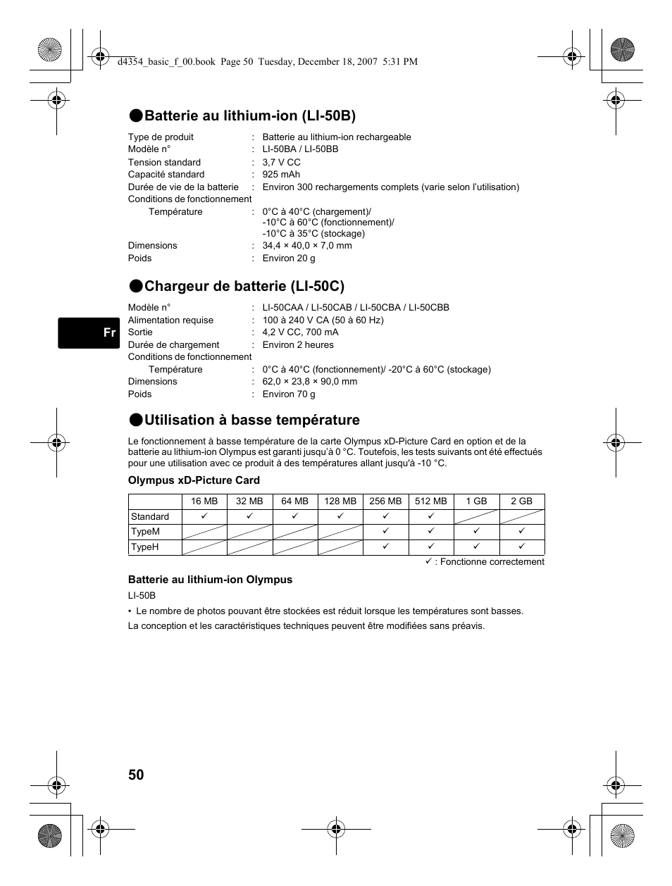 Utilisation à basse température, Batterie au lithium-ion (li-50b), Chargeur de batterie (li-50c) | Olympus Stylus 1030 SW User Manual | Page 50 / 148