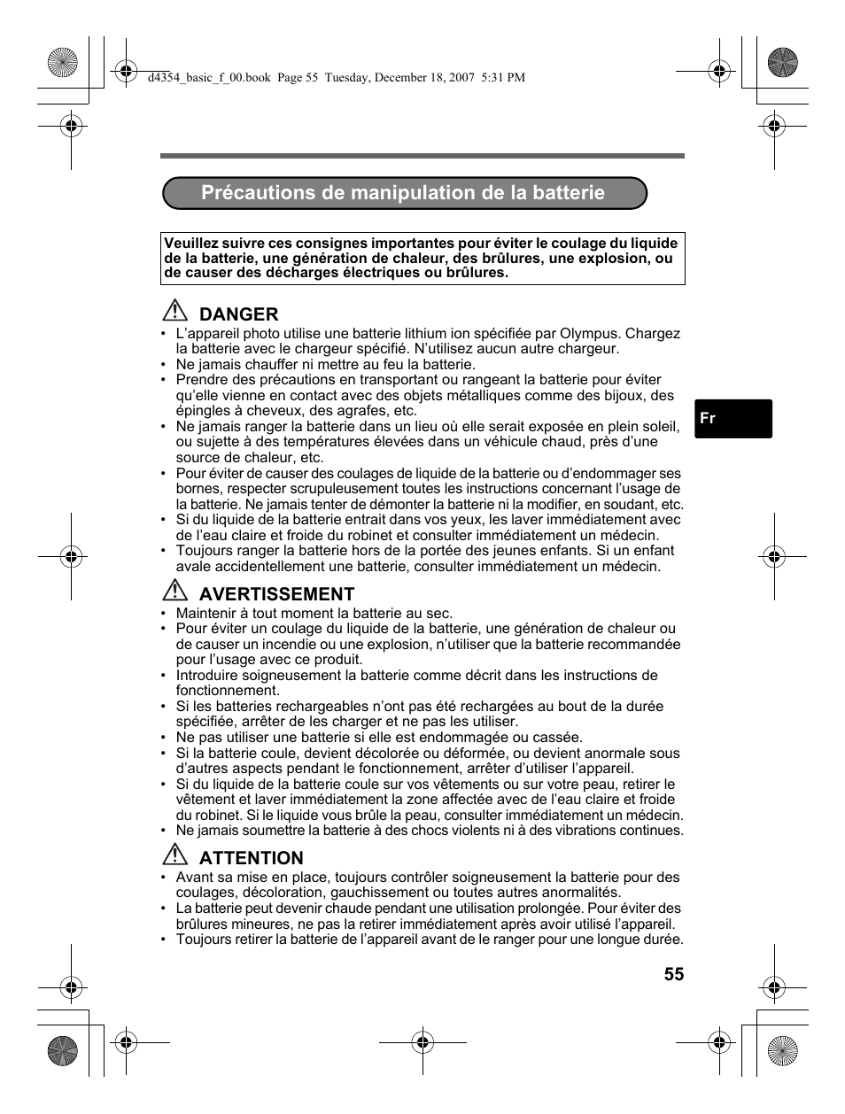 Précautions de manipulation de la batterie, Danger, Avertissement | Attention | Olympus Stylus 1030 SW User Manual | Page 55 / 148
