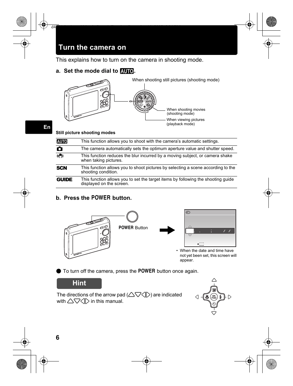 Turn the camera on, Hint, B. press the o button | Olympus Stylus 1030 SW User Manual | Page 6 / 148