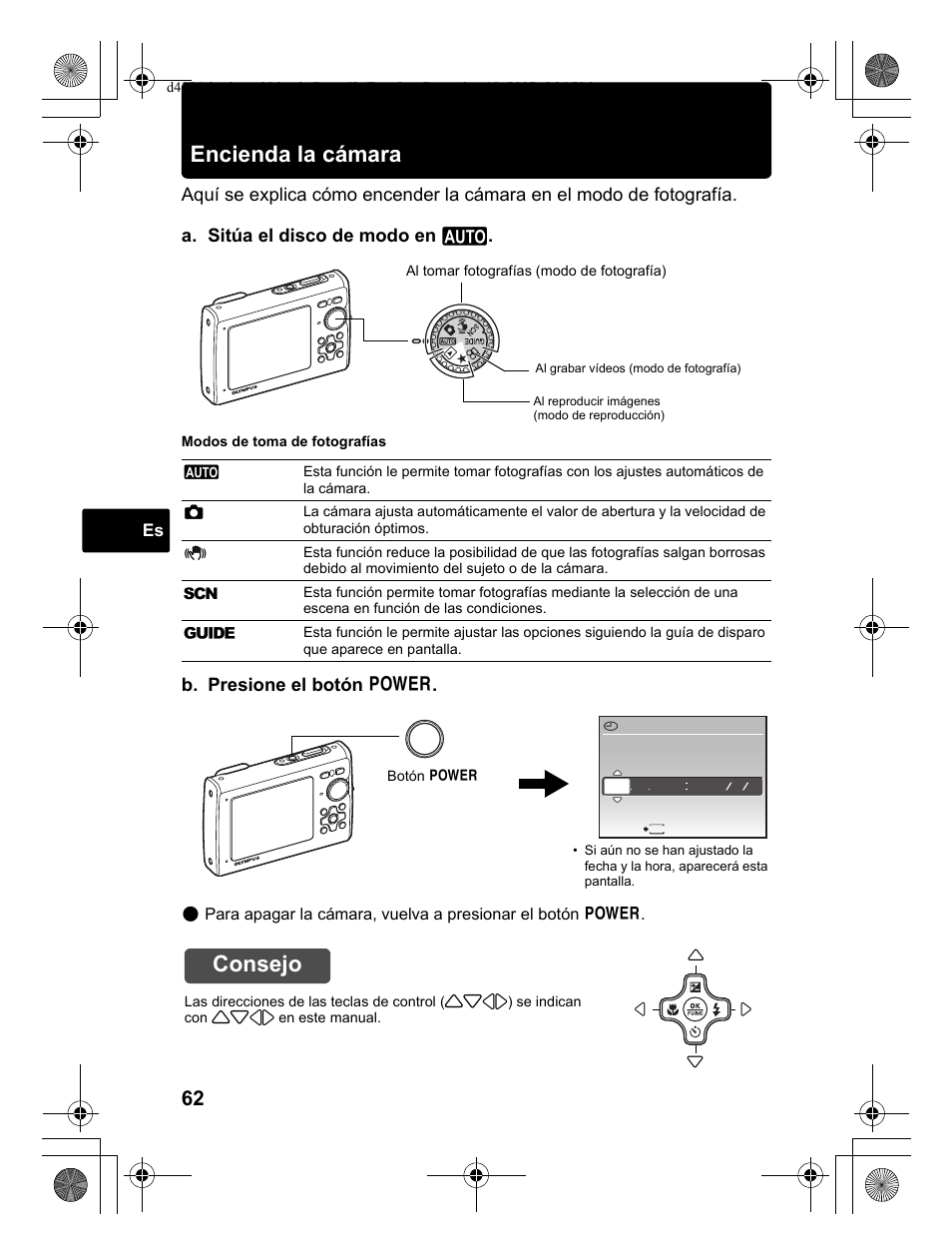 Encienda la cámara, Consejo, B. presione el botón o | Olympus Stylus 1030 SW User Manual | Page 62 / 148