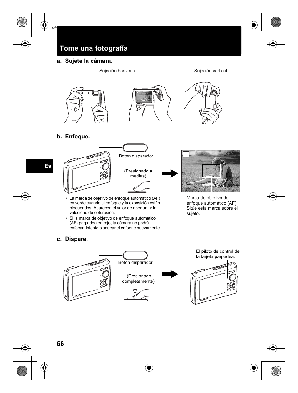 Tome una fotografía, A. sujete la cámara. c. dispare, B. enfoque | Olympus Stylus 1030 SW User Manual | Page 66 / 148