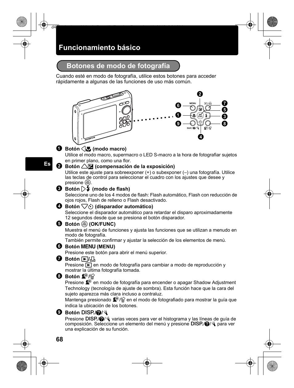 Funcionamiento básico, Botones de modo de fotografía | Olympus Stylus 1030 SW User Manual | Page 68 / 148