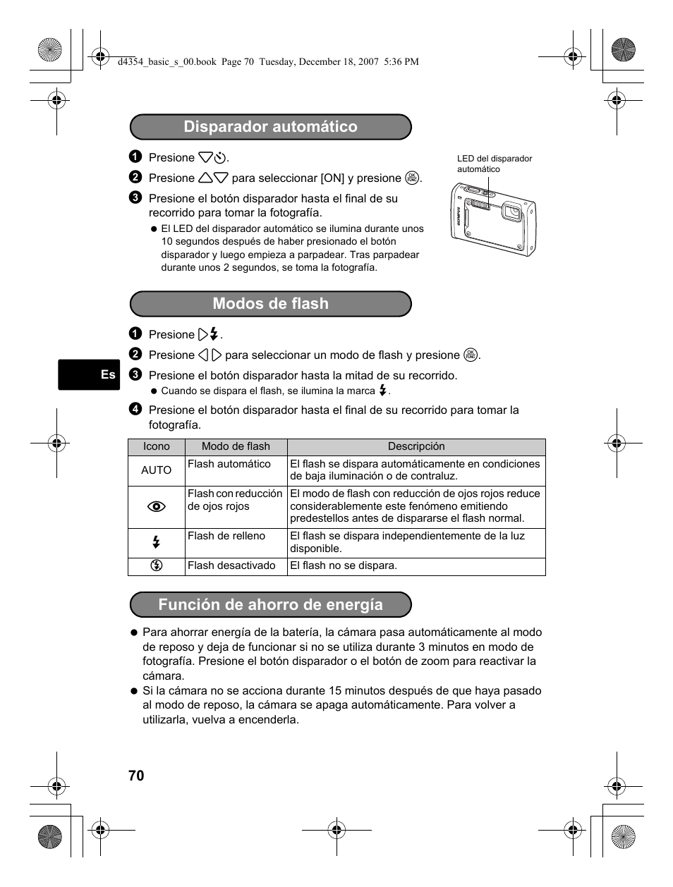 Disparador automático, Modos de flash función de ahorro de energía | Olympus Stylus 1030 SW User Manual | Page 70 / 148