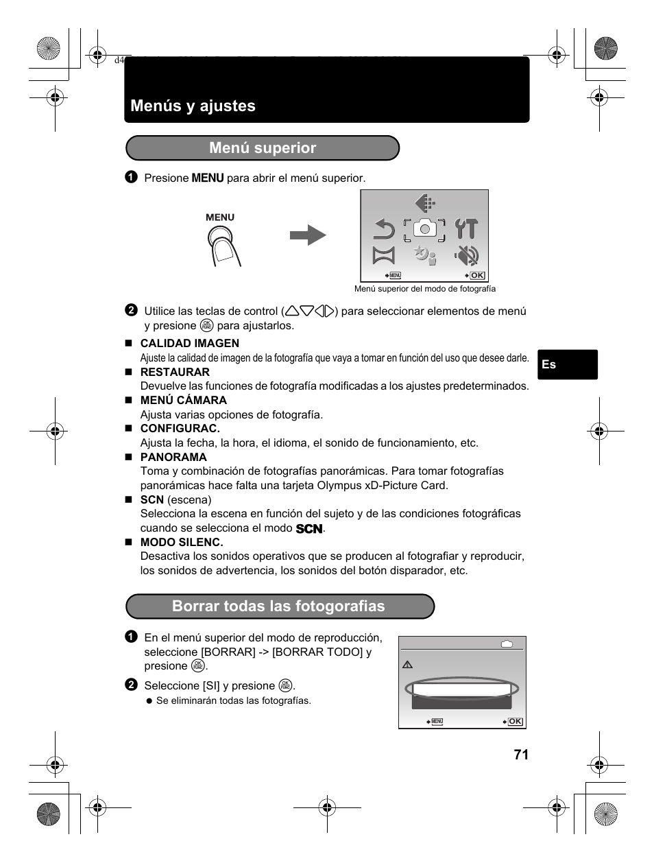 Menús y ajustes, Menú superior, Borrar todas las fotogorafias | Olympus Stylus 1030 SW User Manual | Page 71 / 148