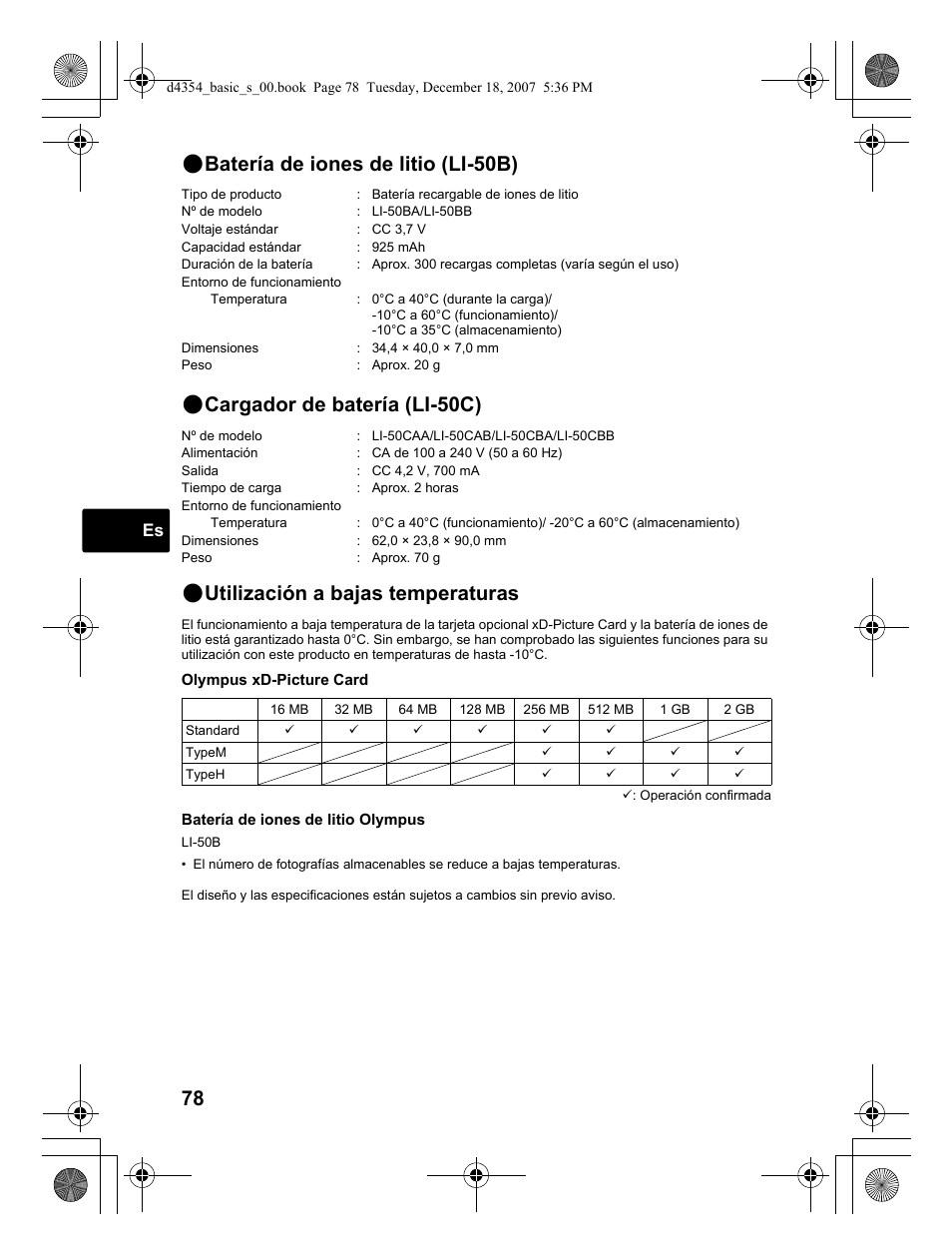 Utilización a bajas temperaturas, Batería de iones de litio (li-50b), Cargador de batería (li-50c) | Olympus Stylus 1030 SW User Manual | Page 78 / 148