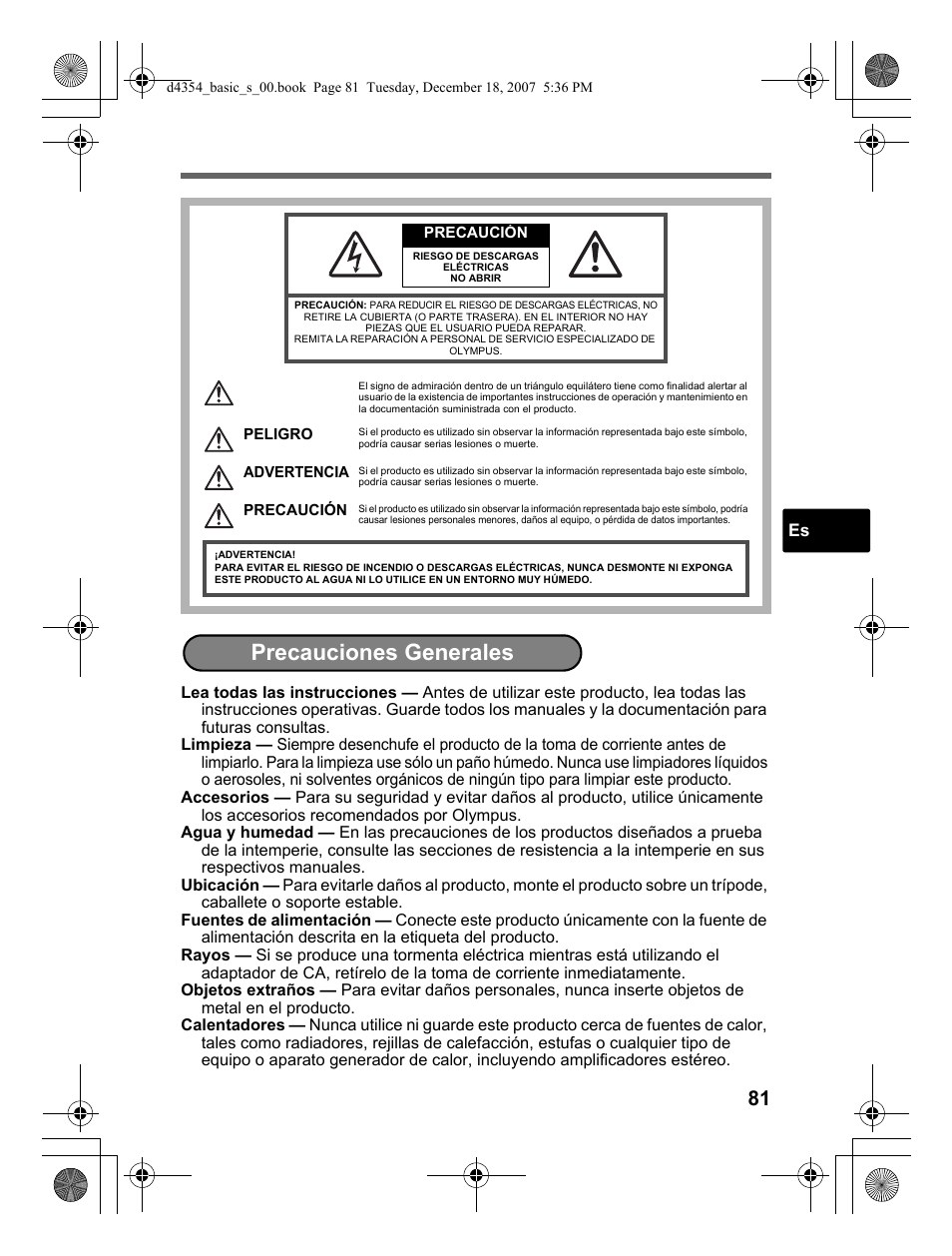 Precauciones generales | Olympus Stylus 1030 SW User Manual | Page 81 / 148